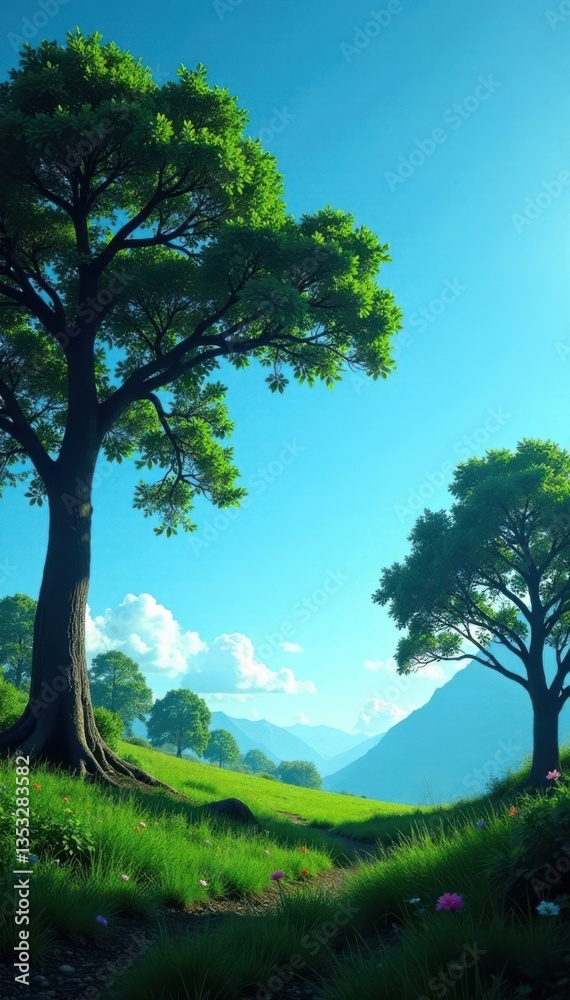 Obraz premium Silhouetted trees against a clear blue sky with lush green undergrowth, trees, foliage