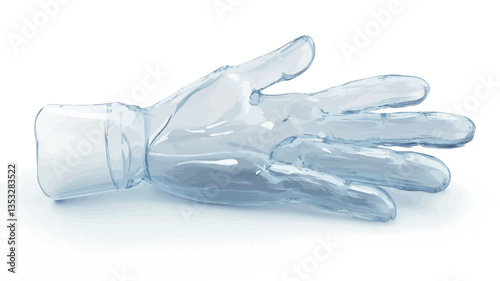 A close-up studio shot of a three-dimensional model of a hand rendered in a transparent, light blue material against a pure white background. The model appears smooth, with subtle light reflections