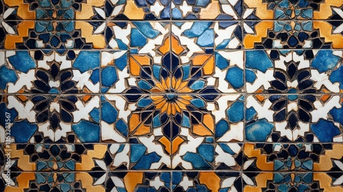 Intricate Arabesque Tilework: A Symphony of Blue, Orange, and White