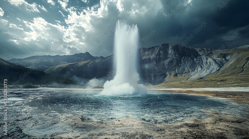 Obraz premium Majestic geyser eruption in a rugged mountain landscape