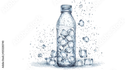 A studio shot of a transparent plastic bottle filled with ice cubes. The bottle is presented against a white background.  Numerous ice cubes are depicted both inside and outside the bottle, some