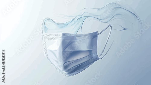 A digitally created image depicting a single light blue disposable face mask. The mask is positioned centrally against a light blue gradient background. The image employs a motion blur effect, with