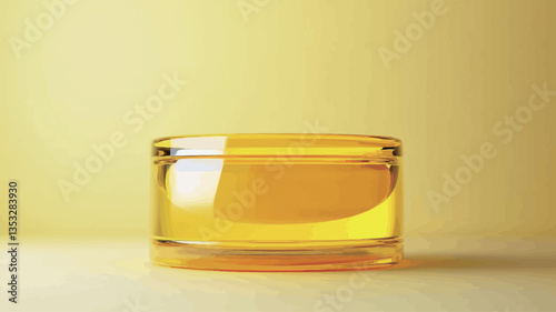 A close-up shot of a cylindrical glass jar filled with a bright yellow, translucent liquid. The jar is transparent, allowing the liquid to be fully visible.  The liquid shows a slight gloss and