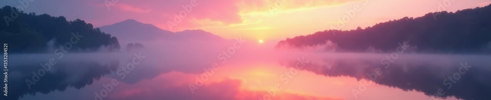 Naklejka premium Softly glowing mist surrounds a misty lake at dawn, nature, sky