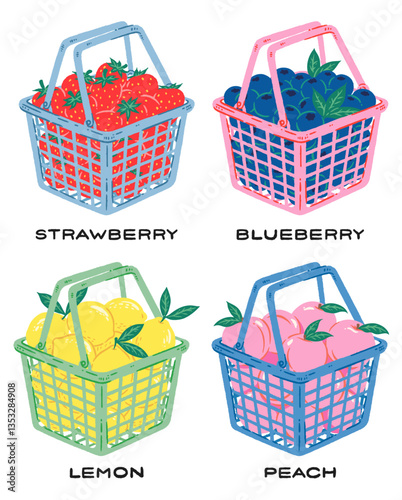 Fruit Basket Vector Illustration Set - Vintage Style
