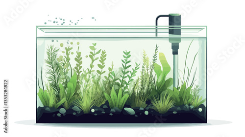 A rectangular glass aquarium is depicted, filled with water and a variety of aquatic plants. The plants are lush and green, showing different textures and heights.  The bottom of the tank is covered