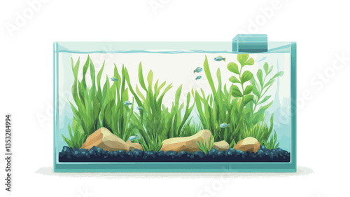 A digital illustration depicts a rectangular glass aquarium viewed from the front. The aquarium contains several types of aquatic plants in shades of green, arranged along the back and sides. Small,