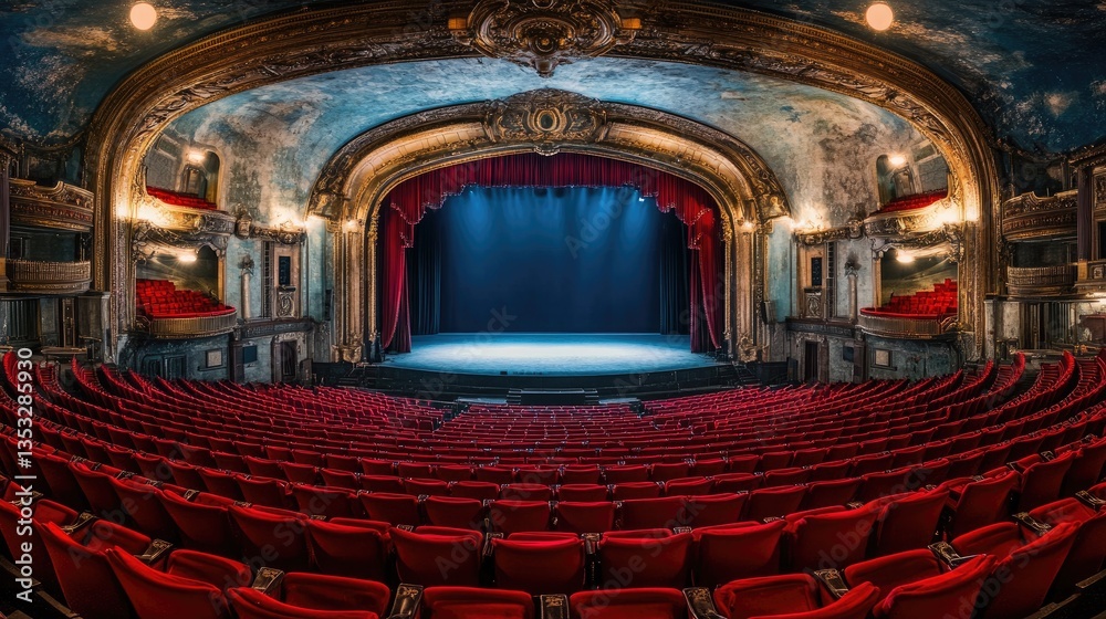Obraz premium A majestic theater balcony view overlooking rows of red velvet seats and a grand movie screen.