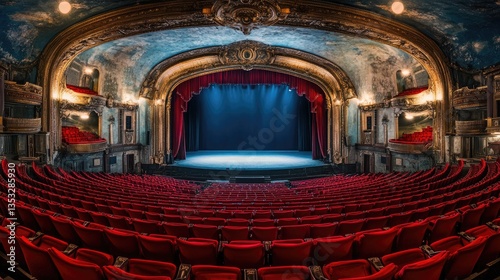 A majestic theater balcony view overlooking rows of red velvet seats and a grand movie screen.