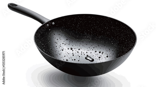 A high-angle, full shot of a black wok with a long handle. The wok is slightly curved with a rounded bottom. Water droplets are visible on its surface, indicating it may be recently washed or used.