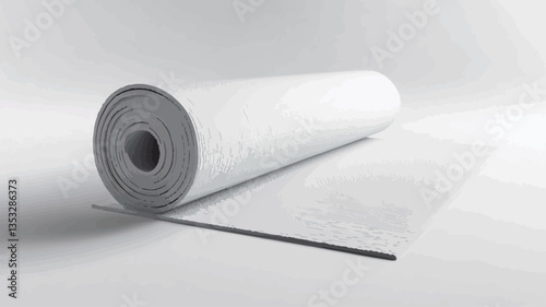 A high-angle, close-up shot depicts a roll of white fabric or material resting on a white surface.  A portion of the fabric is unrolled, showcasing the texture and material. The lighting is even and
