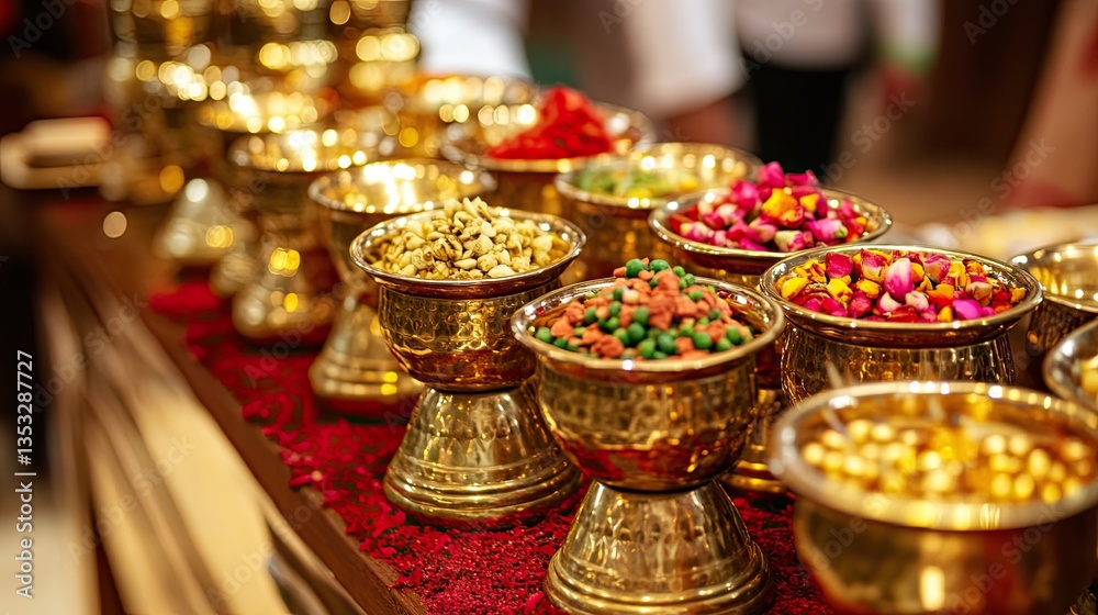 A close-up of a paan stall counter showcasing small brass containers filled with colorful toppings. A close-up of a paan stall counter showcasing small brass containers filled with colorful toppings.
