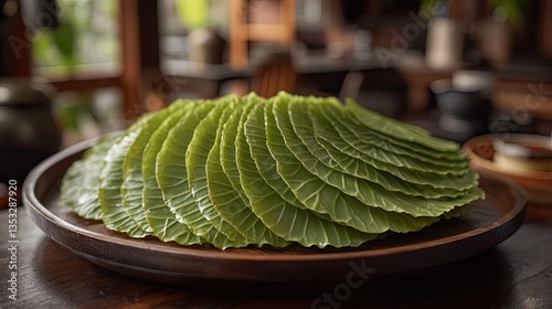 A close-up of fresh green betel leaves stacked in a fan shape on a wooden tray.