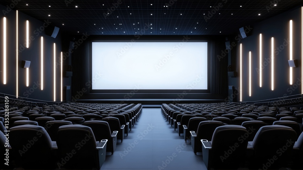Fototapeta premium A modern minimalist cinema hall with sleek black seats and an illuminated widescreen.