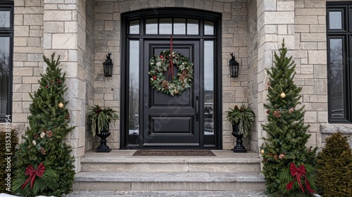 A front door adorned with a wreath and ribbons for the holiday season