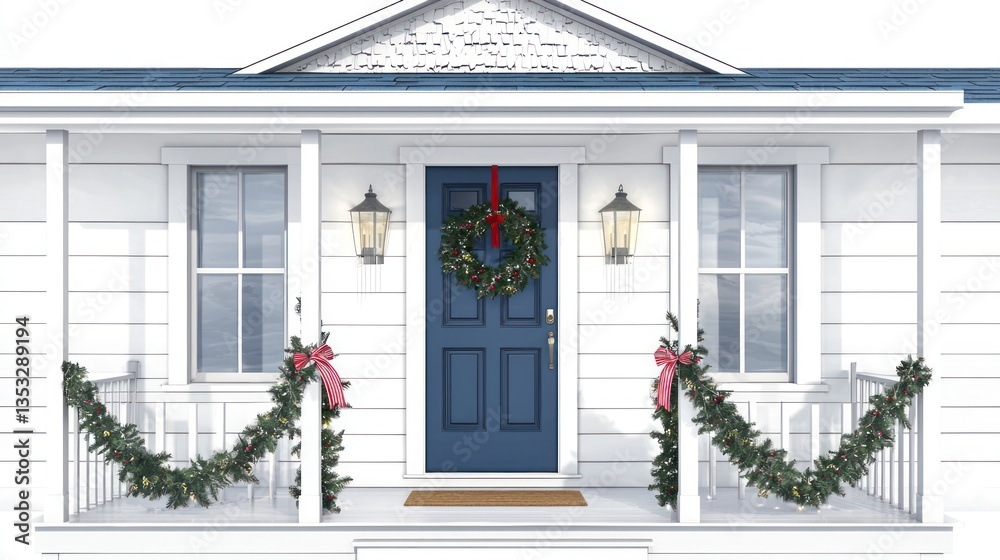 A front door adorned with a wreath and ribbons for the holiday season