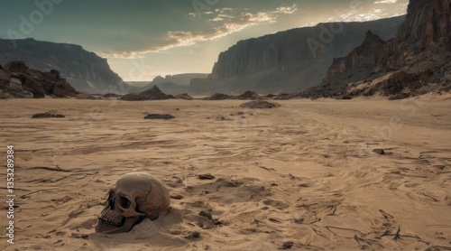 Eerie Desert Landscape with Human Skulls and Rocky Terrain at Sunset