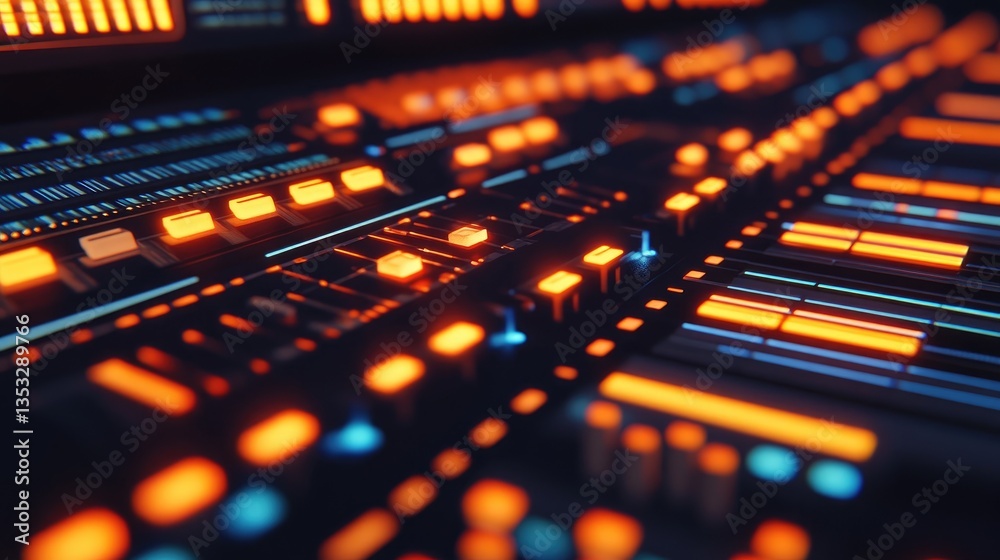 Obraz premium A music mixing console with illuminated sliders and glowing sound wave visuals.