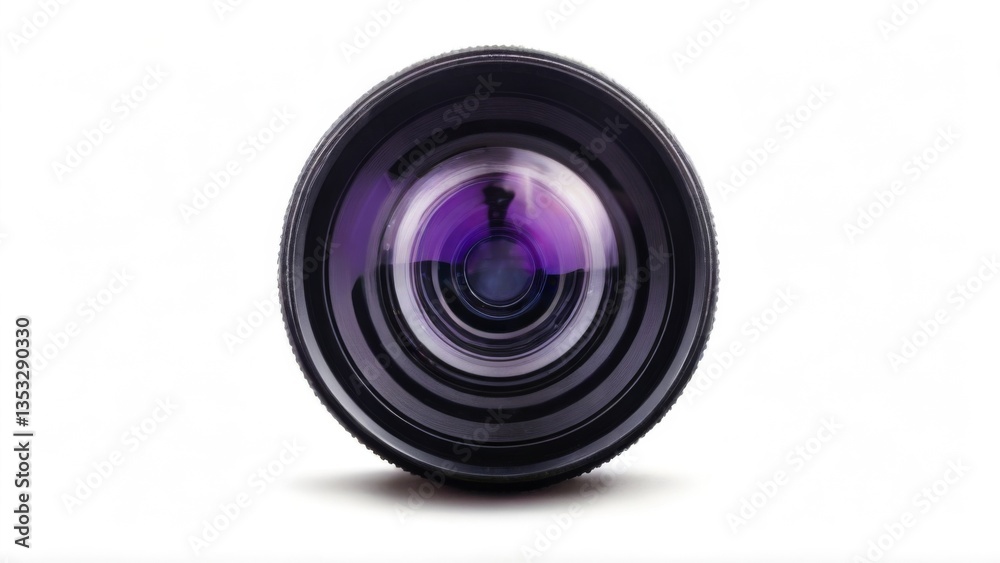 Closeup of Circular Camera Lens with Silver Ring and Purple Pattern on White Background, Angled Perspective View Closeup of Circular Camera Lens with Silver Ring and Purple Pattern on White Background, Angled Perspective View