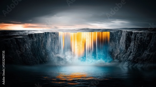 Majestic Golden Waterfall  Cliff Landscape  Dramatic Sunset  High Resolution