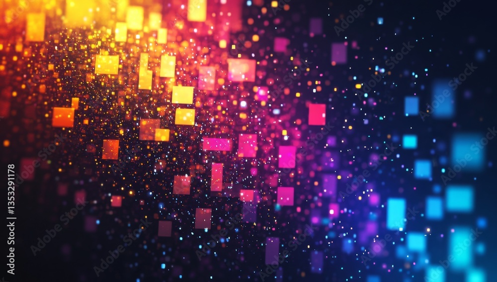Abstract digital art with vibrant squares and glowing particles. Dynamic, colorful squares cascade across a dark background, illuminated by a vibrant spectrum of colors Abstract digital art with vibrant squares and glowing particles. Dynamic, colorful squares cascade across a dark background, illuminated by a vibrant spectrum of colors