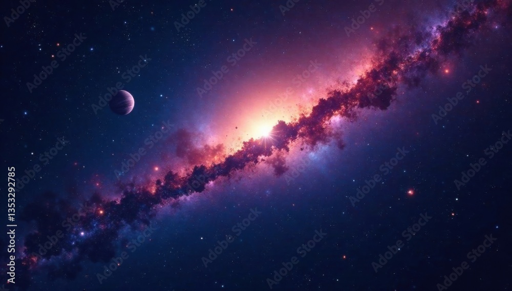 Fototapeta premium Milky Way galaxy shining brightly in the dark vast space with numerous stars and planets, north star, jupiter, saturn