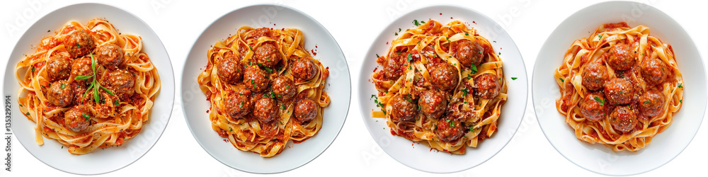 Pasta with meatballs in tomato sauce sprinkled with parsley and cheese Pasta with meatballs in tomato sauce sprinkled with parsley and cheese