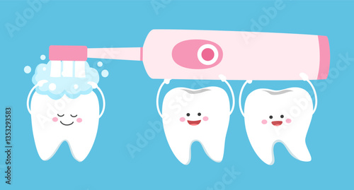 Cute cartoon teeth with electric toothbrush on blue background. Brushing teeth concept.