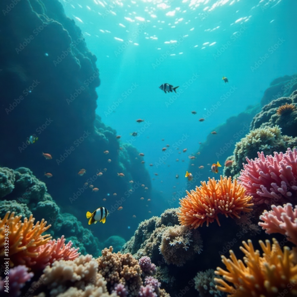 Naklejka premium School of fish swimming near coral reef with seaweed , seaweed, reef