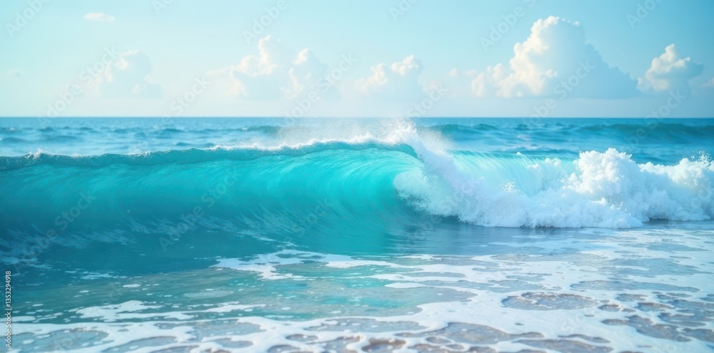 Soft blue ocean waves blending with sky and sea foam , , wave
