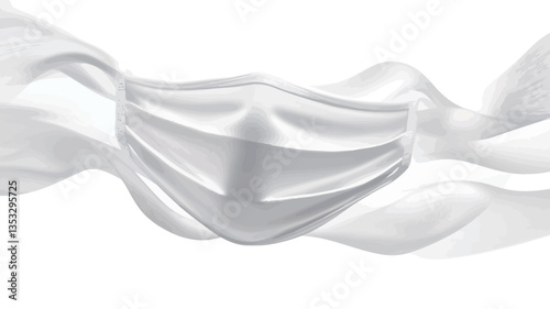 The image shows a white fabric face mask partially obscured by flowing, draped white fabric. The fabric has a soft, smooth texture and creates a sense of movement and fluidity. The background is