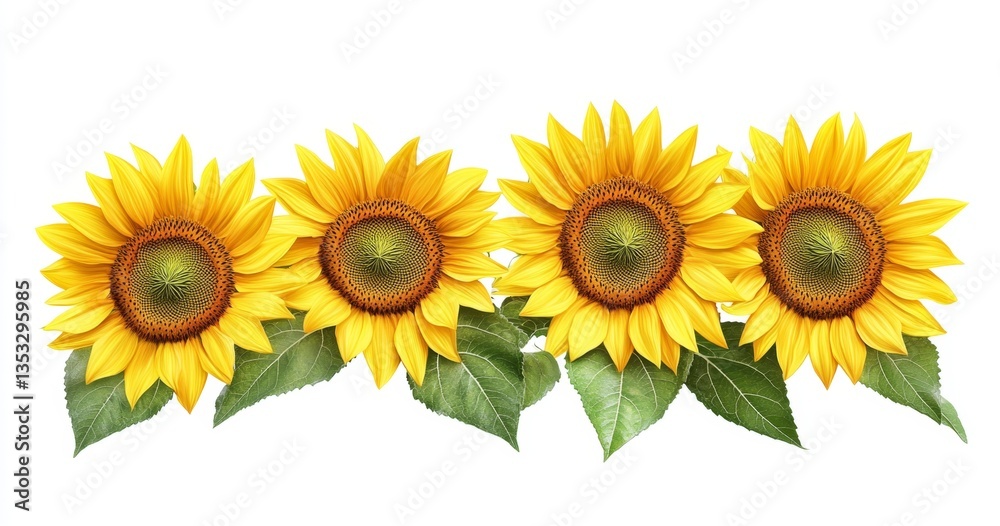 Four sunflowers in a row with vibrant yellow petals and green leaves Four sunflowers in a row with vibrant yellow petals and green leaves