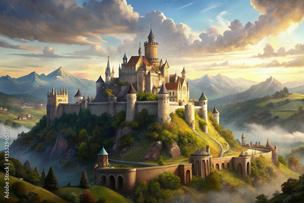 A majestic fairytale castle perched atop a verdant hill, basking in the golden light of a breathtaking sunset, surrounded by rolling hills and a mystical fog. A majestic fairytale castle perched atop a verdant hill, basking in the golden light of a breathtaking sunset, surrounded by rolling hills and a mystical fog.