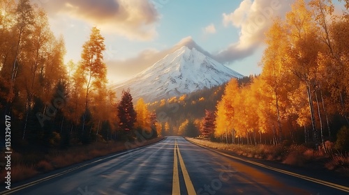 Scenic autumn drive with snow-capped mountain views and golden foliage, a tranquil travel journey