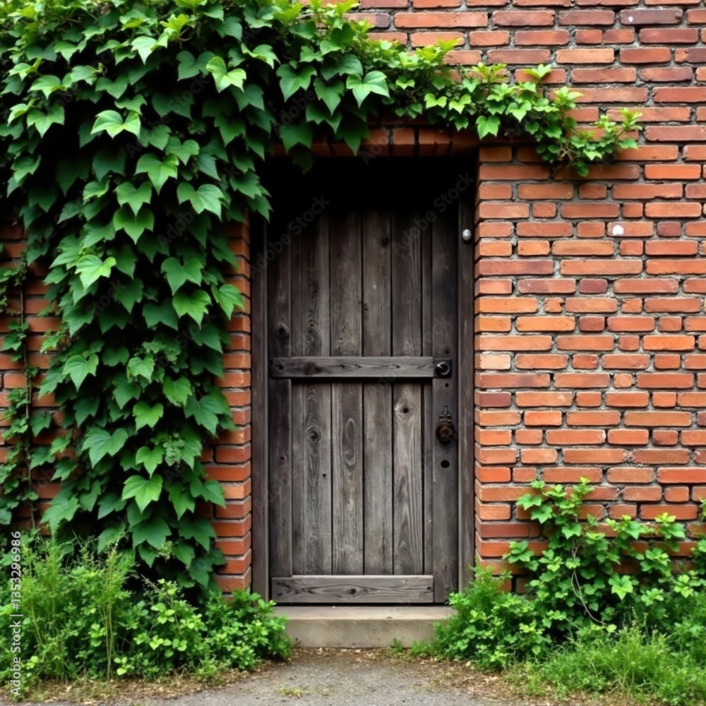 Weathered brick wall with overgrown vines and an old wooden door , nature, stone Weathered brick wall with overgrown vines and an old wooden door , nature, stone