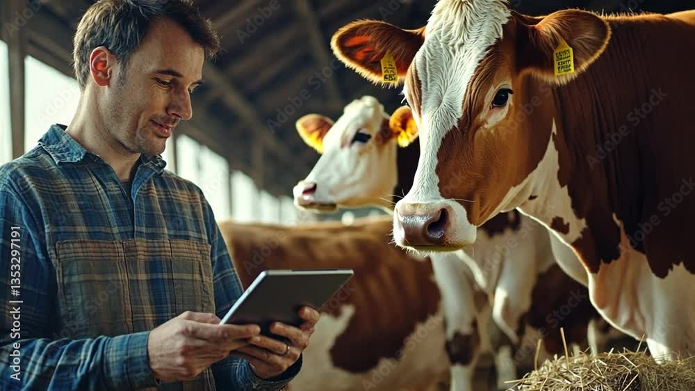 A farmer uses a tablet while inspecting cows in a barn, modernizing agriculture practices.