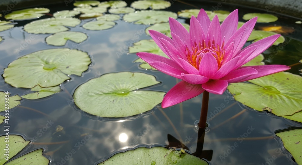 A Beautiful Water Lily Blooming in a Tranquil Pond Surrounded by Vibrant Green Lily Pads A Beautiful Water Lily Blooming in a Tranquil Pond Surrounded by Vibrant Green Lily Pads