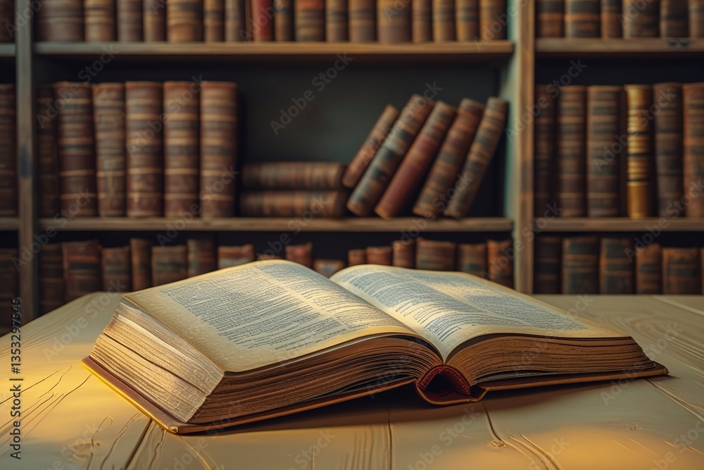 Naklejka premium A warm and inviting still life photograph of an opened book lying on a wooden table, surrounded by stacks of textbooks with worn leather bindings on a shelf in the background, evoking a sense of nosta