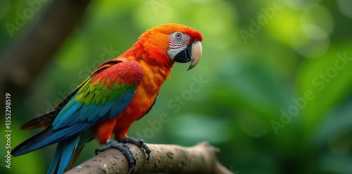 Colorful parrot on a branch, greenery, tropical birds