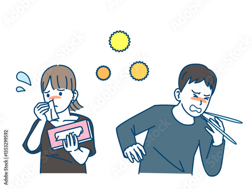 花粉症の症状に困る人々のイラスト