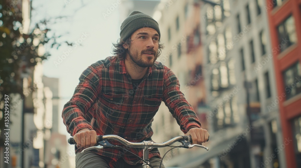 A hipster man with a plaid shirt and a beanie, riding a bicycle through the city