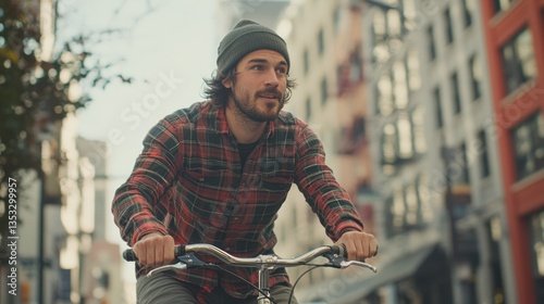 Obraz na płótnie A hipster man with a plaid shirt and a beanie, riding a bicycle through the city w salonie