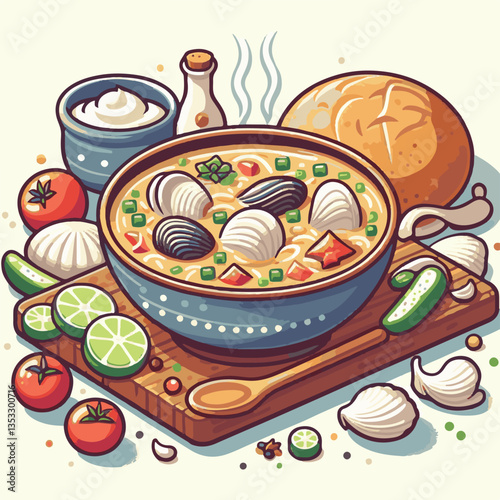 food, delicious, chowder, bowl, soup, clam, seafood, dinner, potato, meal, gourmet, cream, creamy, healthy, lunch, shellfish, fresh, cuisine, parsley, spoon, dish, milk, white, bread, hot, american, b