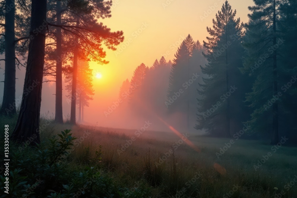 Fototapeta premium Misty forest at sunrise with fog rolling in, forest, mist