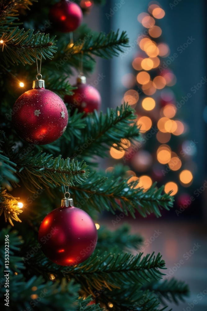 Shimmering baubles adorn a towering Christmas tree as twinkling string lights create a mesmerizing display in the surrounding area, Winter Wonderland, Shimmering Shimmering baubles adorn a towering Christmas tree as twinkling string lights create a mesmerizing display in the surrounding area, Winter Wonderland, Shimmering