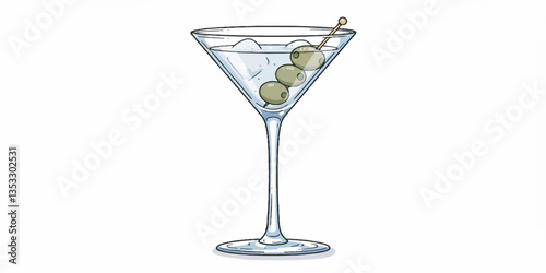 Martini Glass with Green Olives. Vector Cocktail Illustration