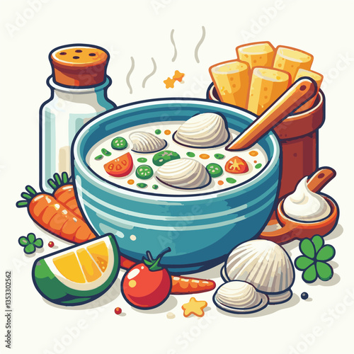 food, delicious, chowder, bowl, soup, clam, seafood, dinner, potato, meal, gourmet, cream, creamy, healthy, lunch, shellfish, fresh, cuisine, parsley, spoon, dish, milk, white, bread, hot, american, b