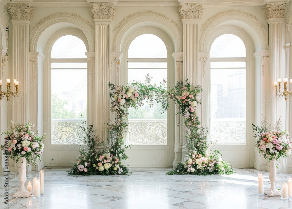 Fototapeta premium Elegant floral decorations and architectural details highlight interior space