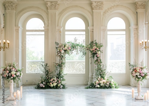 Elegant floral decorations and architectural details highlight interior space