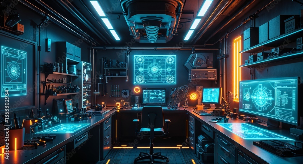Cyberpunk workshop with glowing tools and holographic blueprints